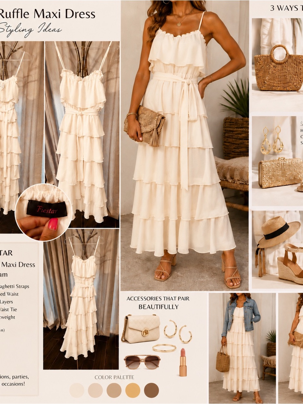 Tiered Ruffle Maxi Dress with Adjustable Spaghetti Straps - Cream